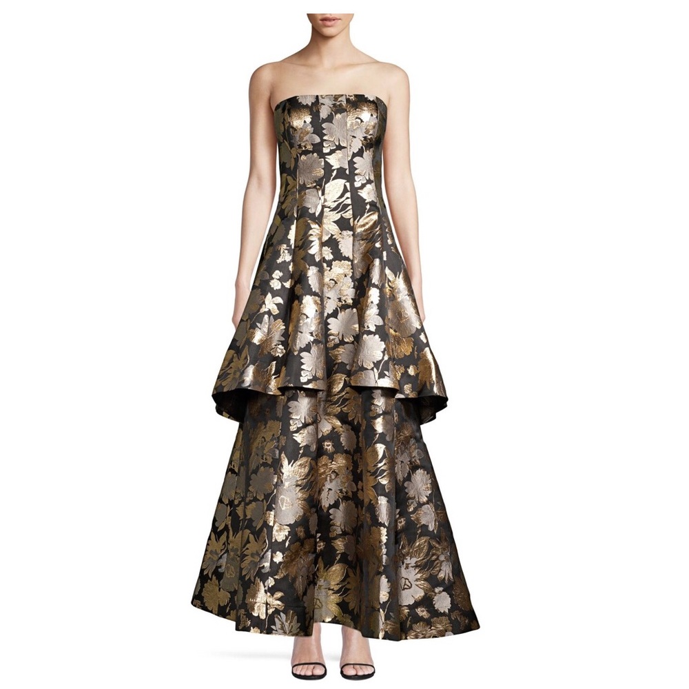 NWT Aidan Mattox Black Gold Tiered Strapless Gown